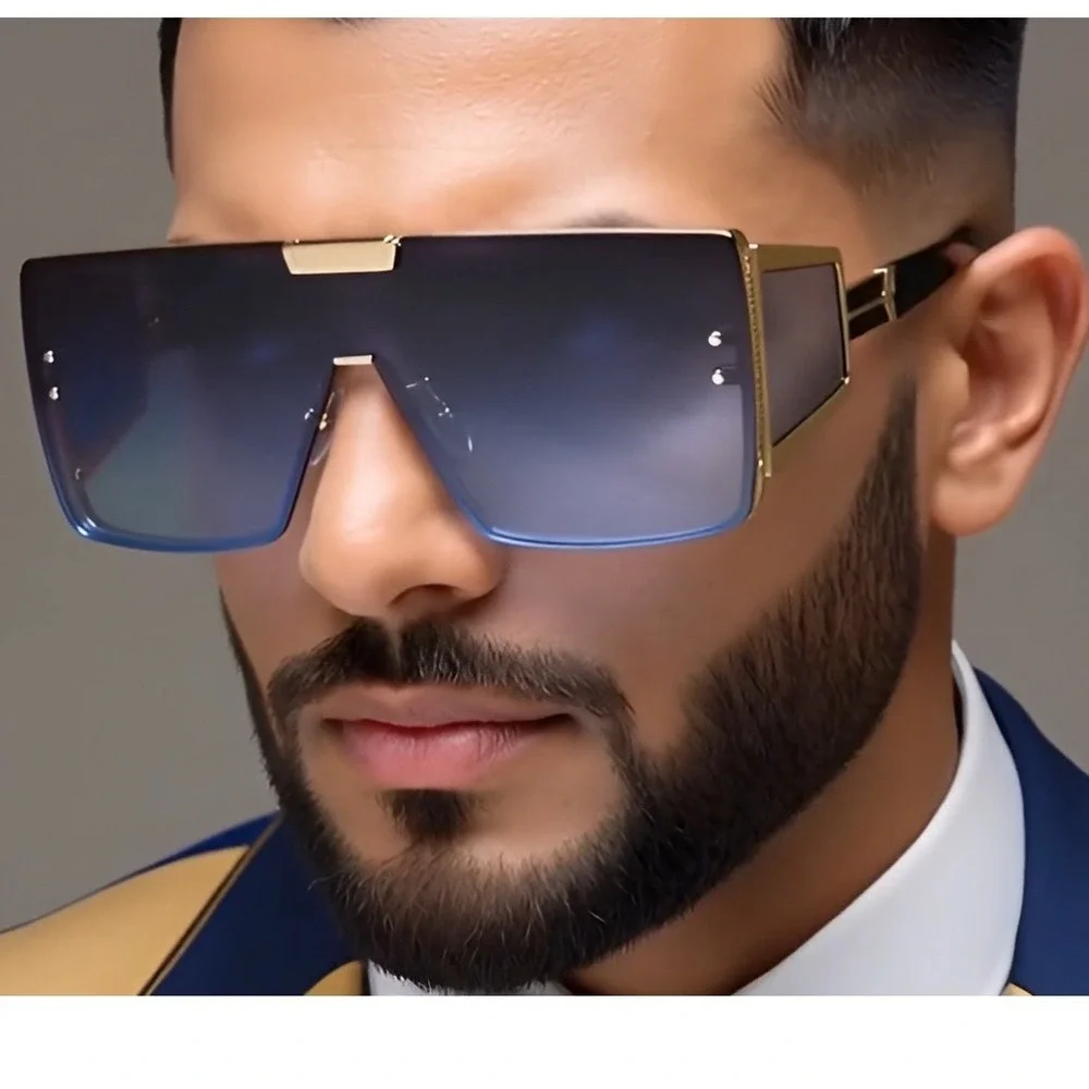 Sunglasses Men Blue Gradient Lens Oversized Rectangular Metal Hip Hop Cholo 2026